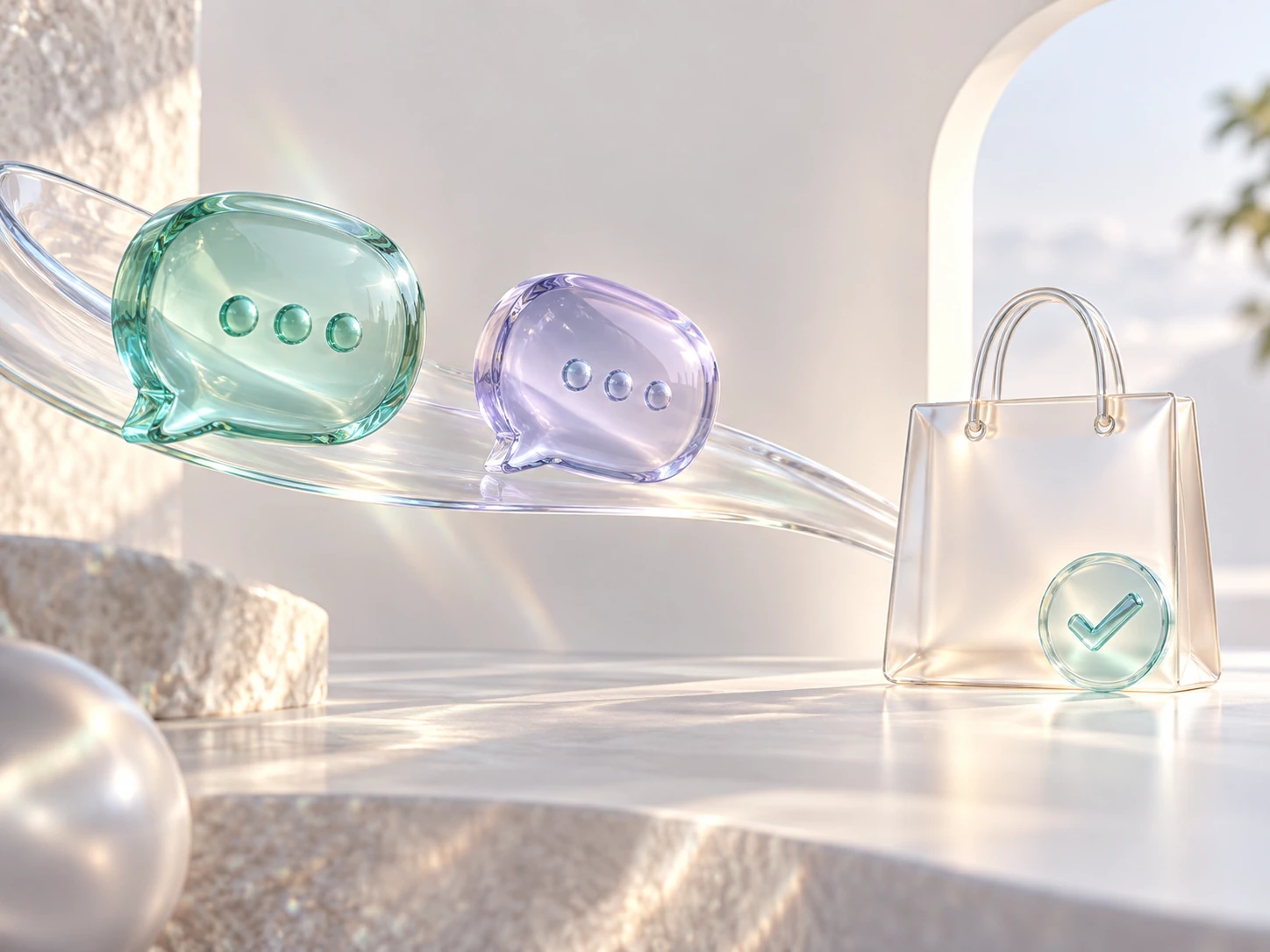 Glass messages leading to a shopping bag and delivery check