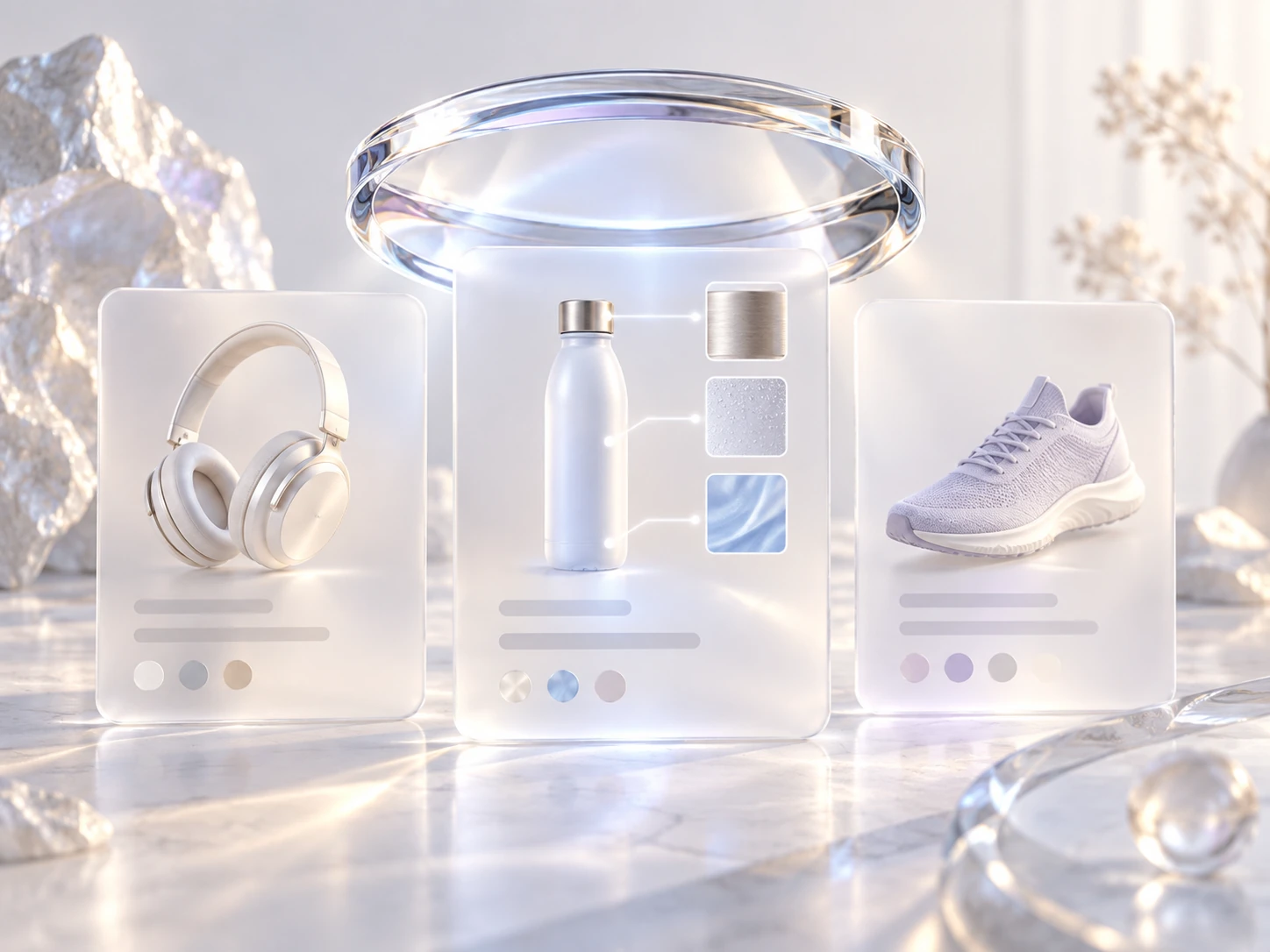 Glass product cards revealing the details behind shopping recommendations
