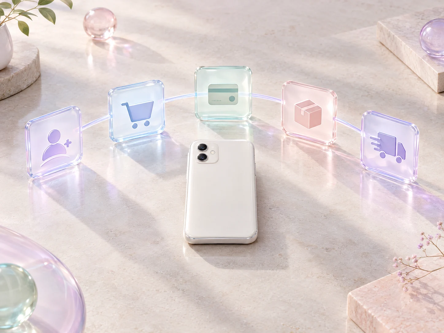 Pearl smartphone surrounded by connected glass cards representing distinct SMS automation moments
