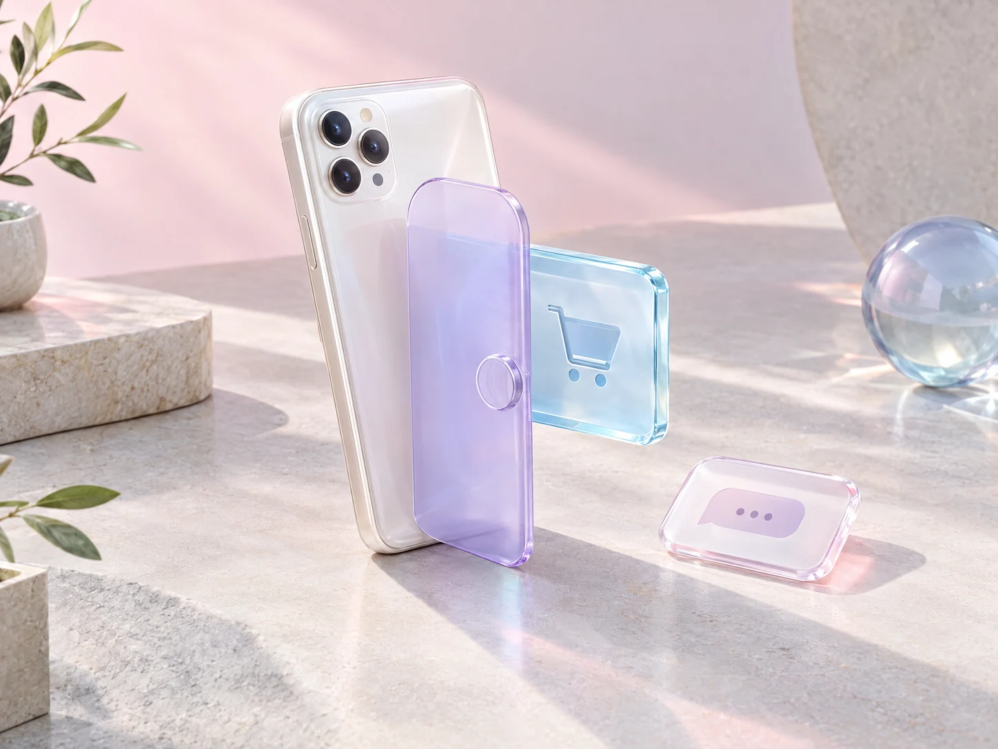 Pearl smartphone, lavender privacy gate, shopping-cart card and an unsent message tile on a pastel surface