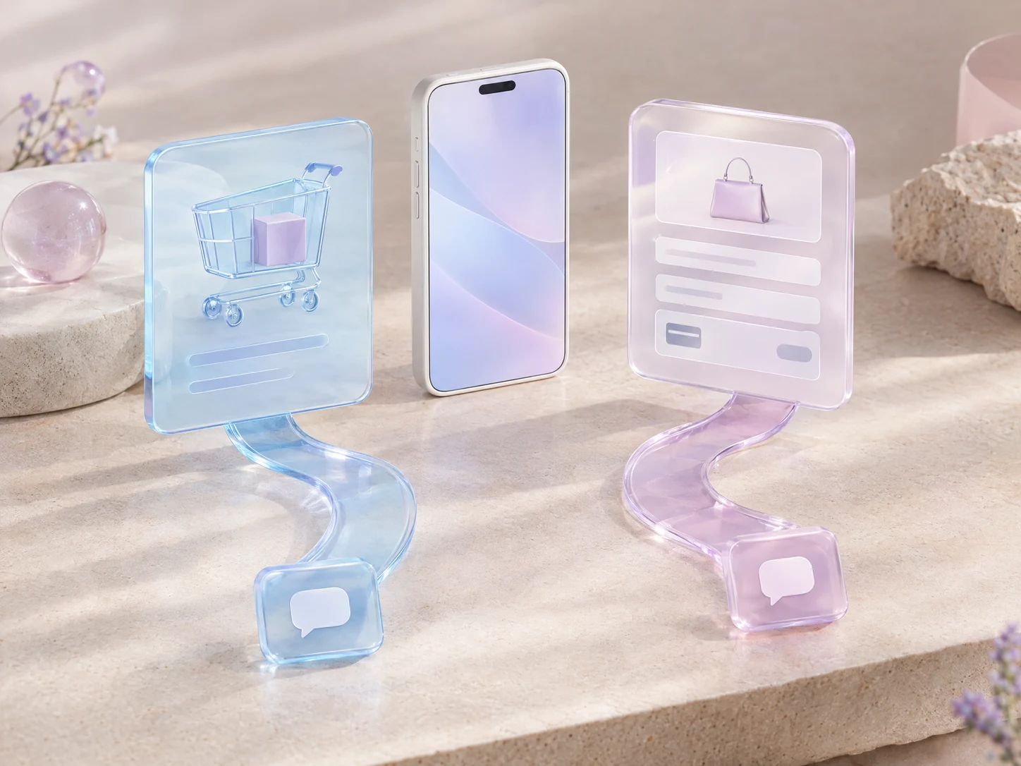Separate glass cart and checkout cards leading toward unsent message tiles beside a pearl smartphone