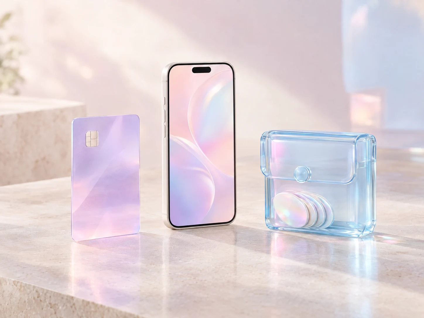 Separate lavender subscription card and blue glass prepaid wallet beside a pearl smartphone