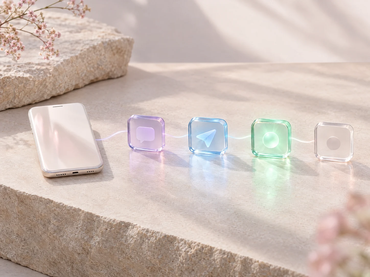 Pearl smartphone beside four translucent lavender, blue, mint and neutral message-status beacons