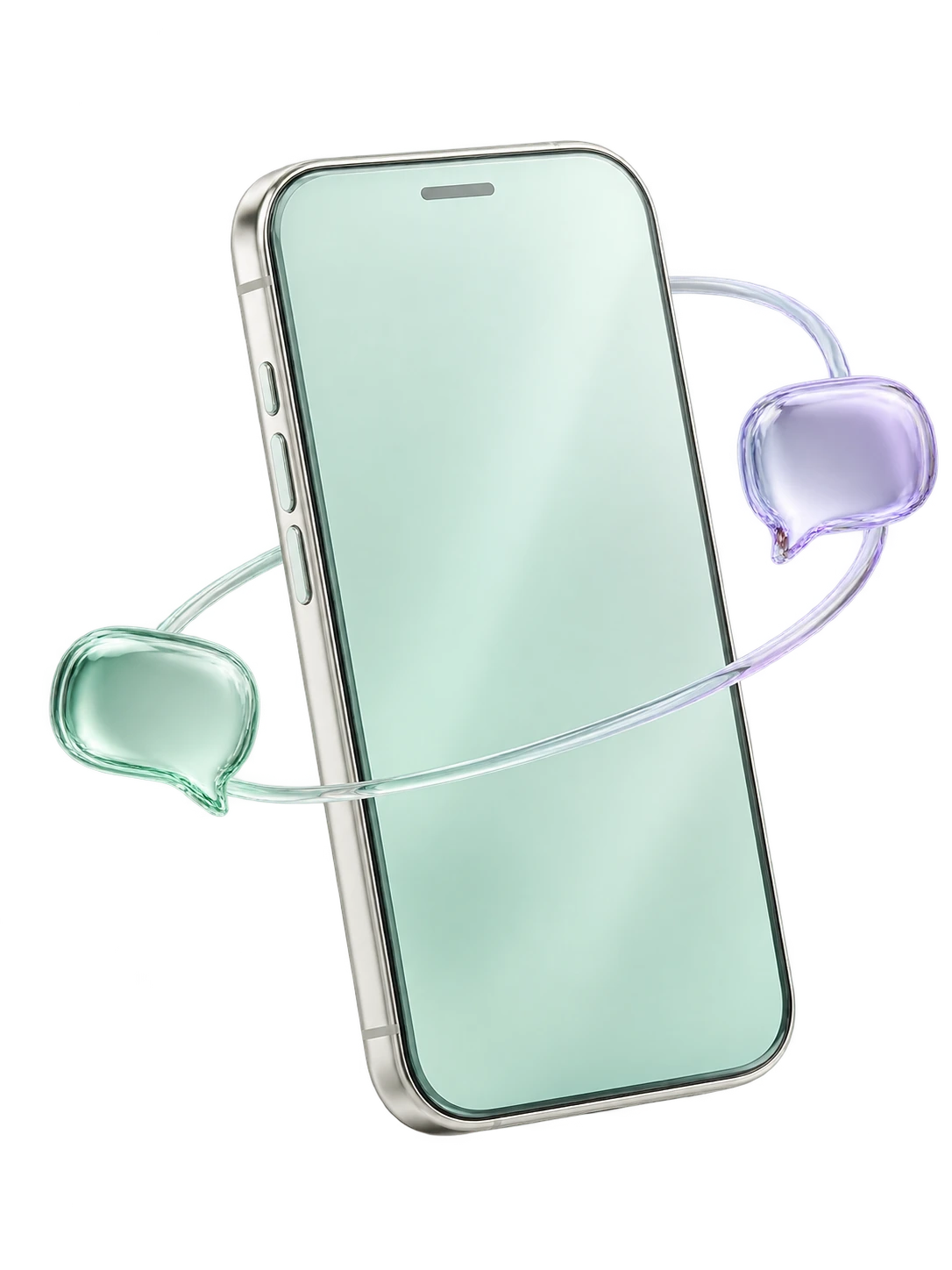Pearl and mint glass phone surrounded by two translucent conversation forms